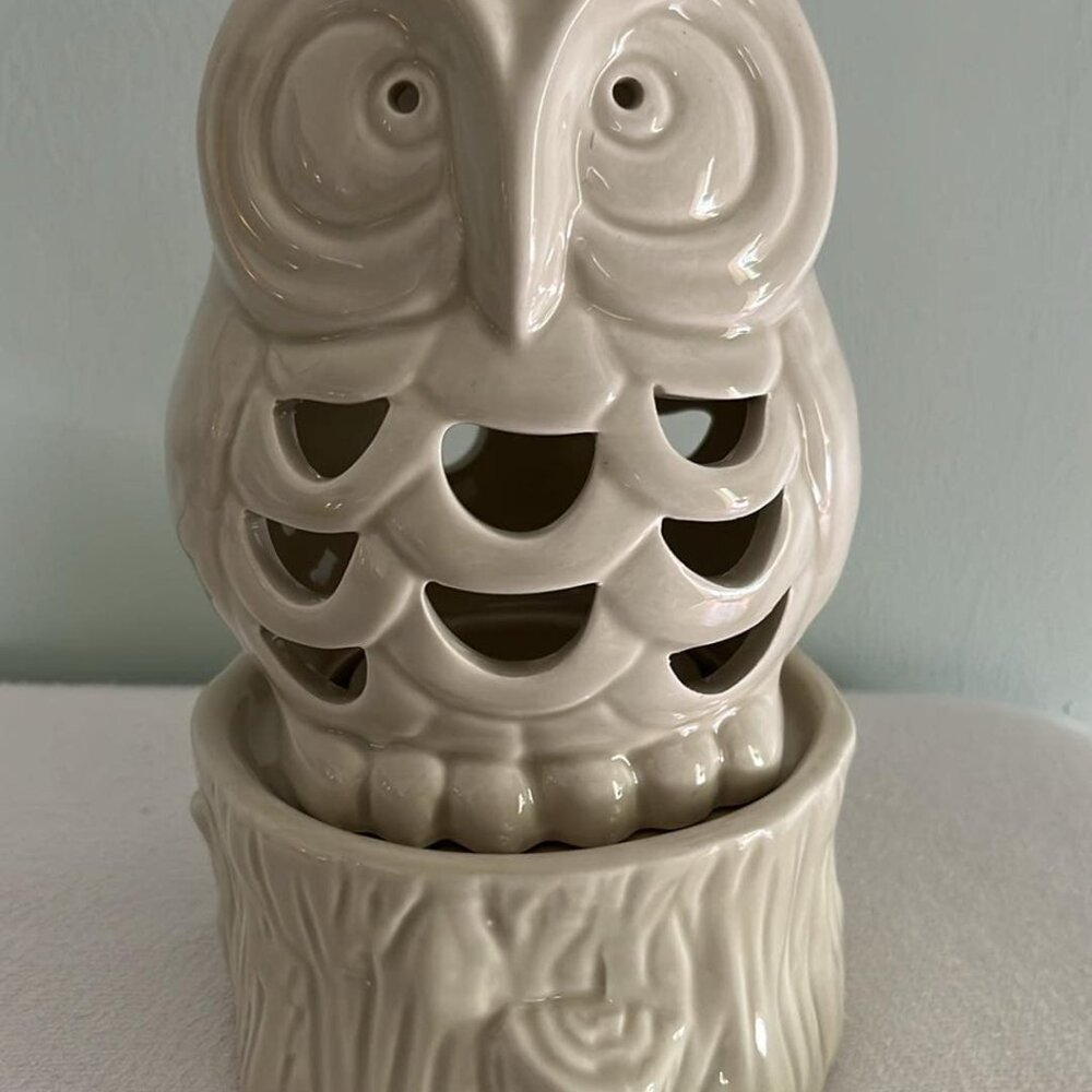 Ceramic Owl Figurine Tea Light Lamp W/Base Boho Hippie 70s Vibe Decor
